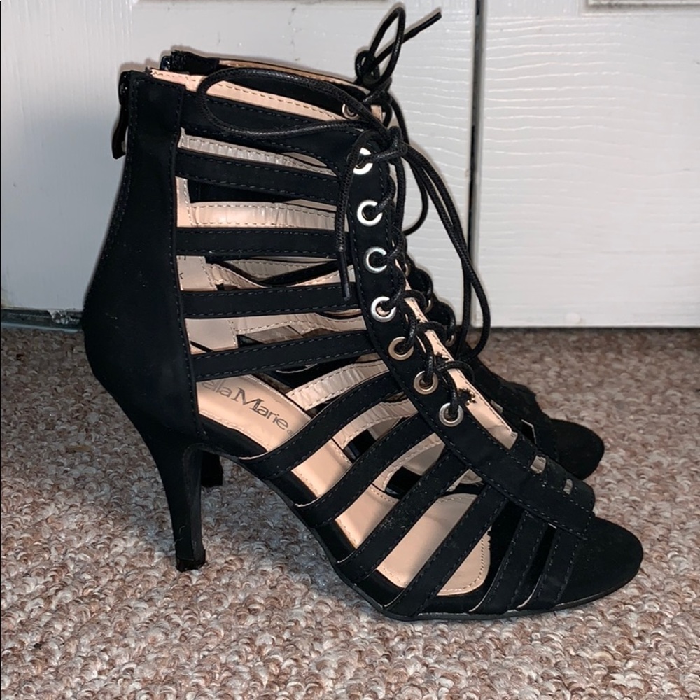 Bella Marie black lace-up heels with zip-up
